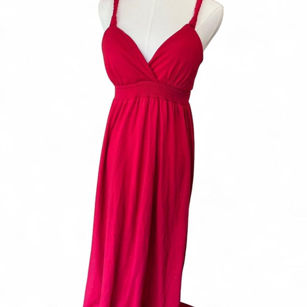 No Boundaries red maxi dress with sturdy braided straps and elastic waistband